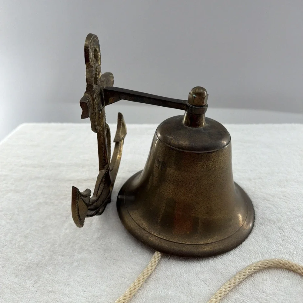 Vintage Antique Anchor Wall Mount Solid Brass Sailor Nautical Ship Bell w Rope
